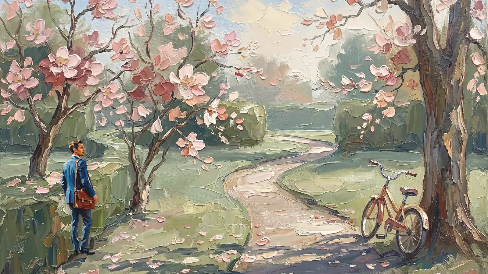 Artistic impression of a blossom-lined path and a professional, suggesting a long commute from Gunjur to Electronic City