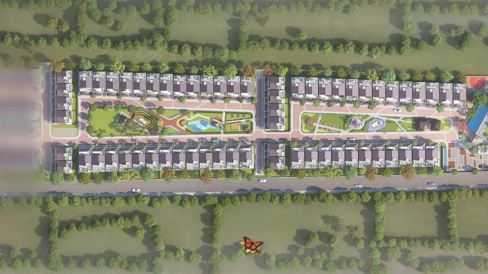 Blurred aerial site master plan view with a professional and a butterfly, symbolising a planned villa community
