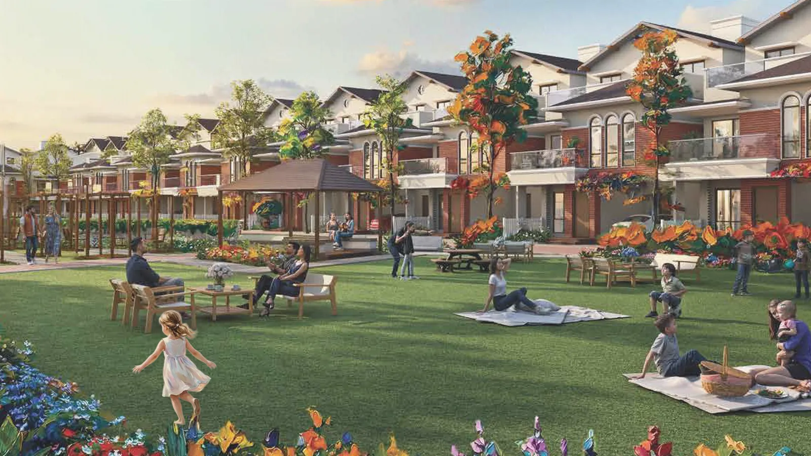 Artistic impression of the community lawn with villas at NVT Whispering Hues, Gunjur, East Bengaluru