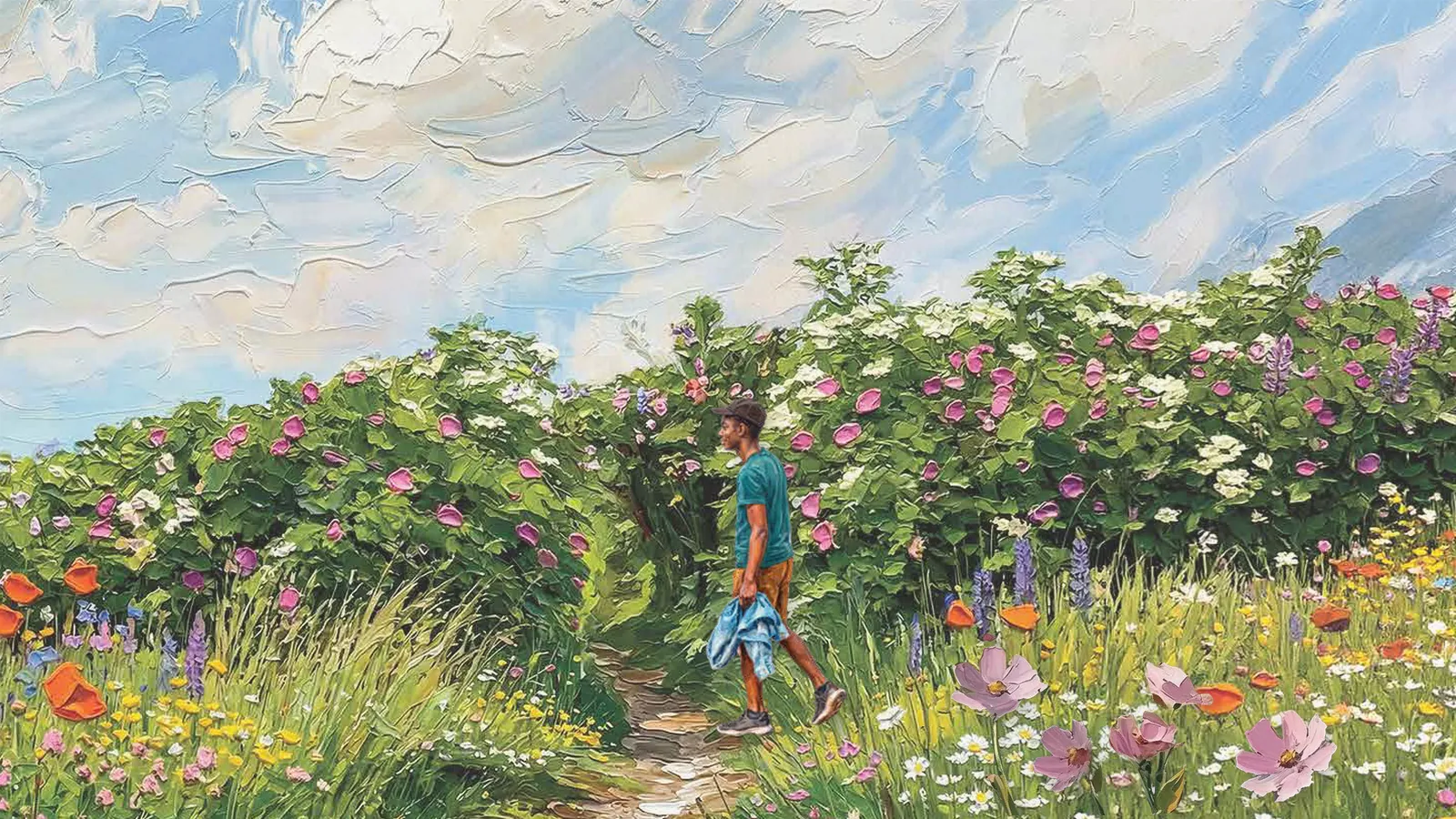 Painting of a wildflower meadow path with a man walking, for a day out from Whispering Hues to Whitefield