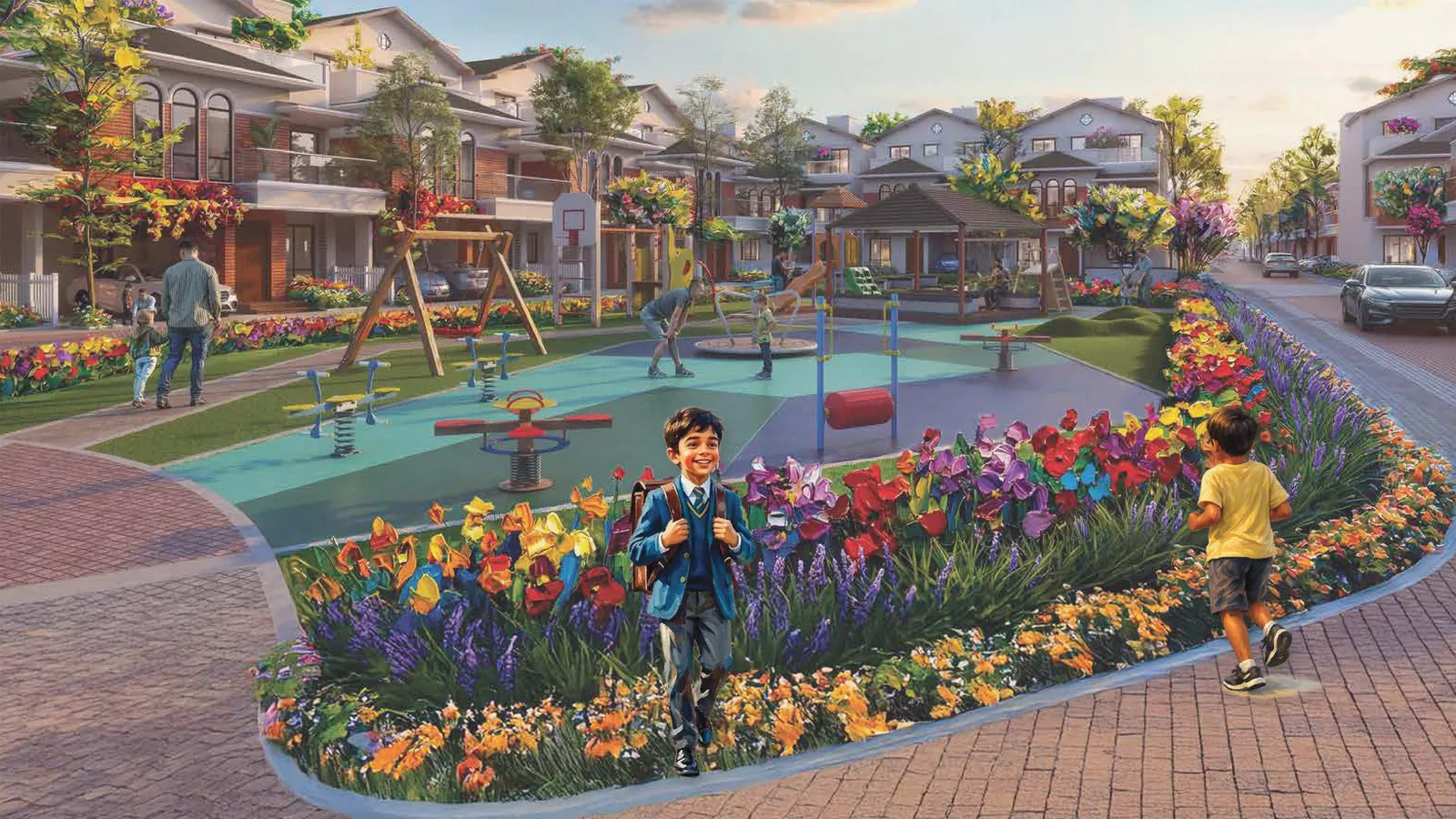 Painted children's play area with flower beds and a schoolboy with a backpack, artistic impression of a school-run neighbourhood near GIIS Whitefield