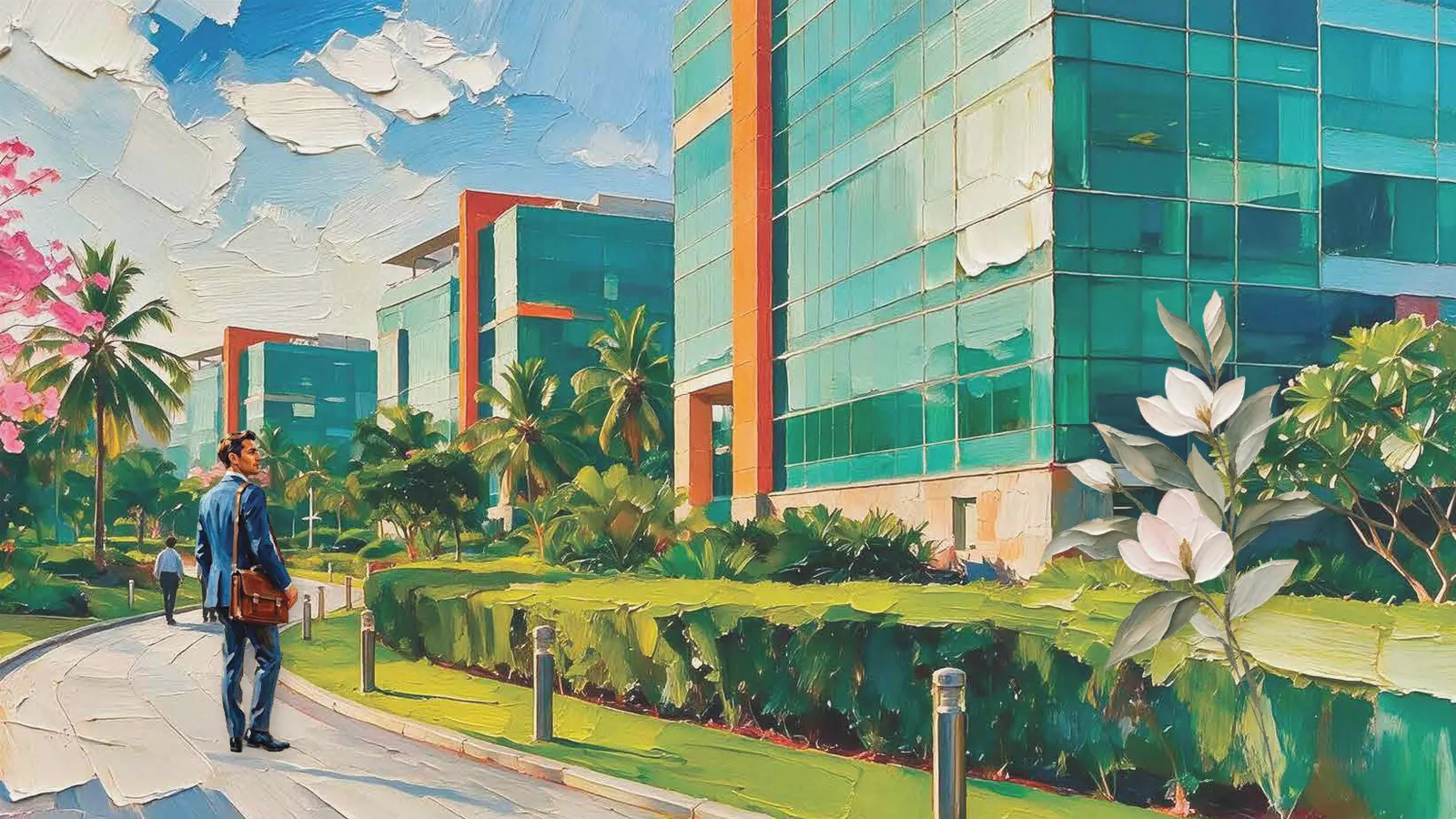 Artistic impression of a tech park campus with a professional and a magnolia branch in the foreground