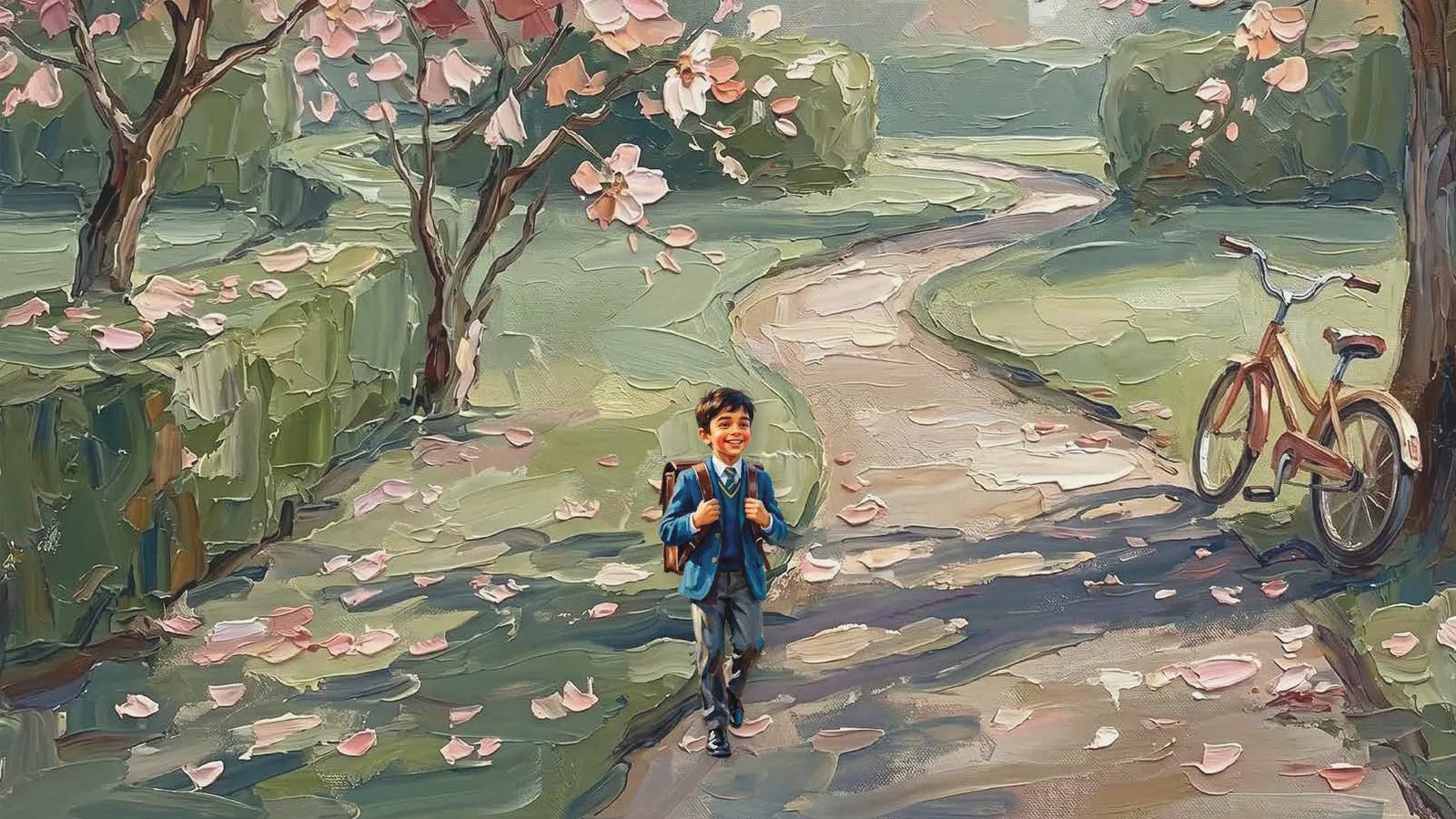 Schoolboy with a backpack on a blossom-lined path, painted artistic impression of a short walk to school near Gunjur