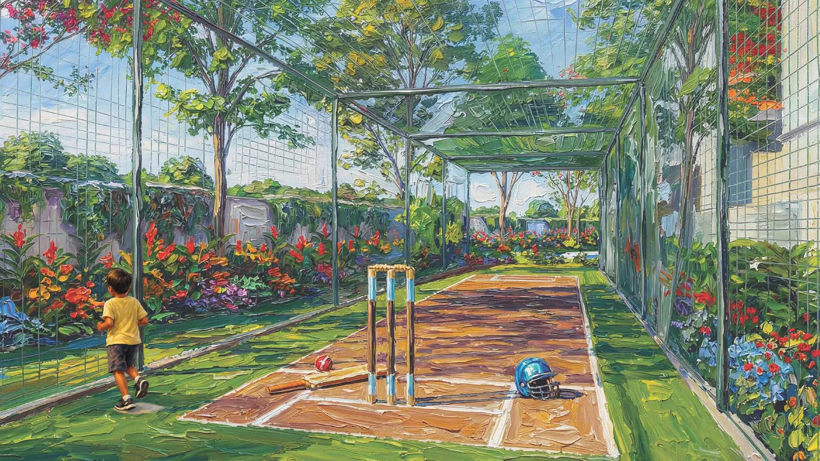 Boy in a yellow shirt running beside a garden cricket net, painted artistic impression of an active school-age childhood