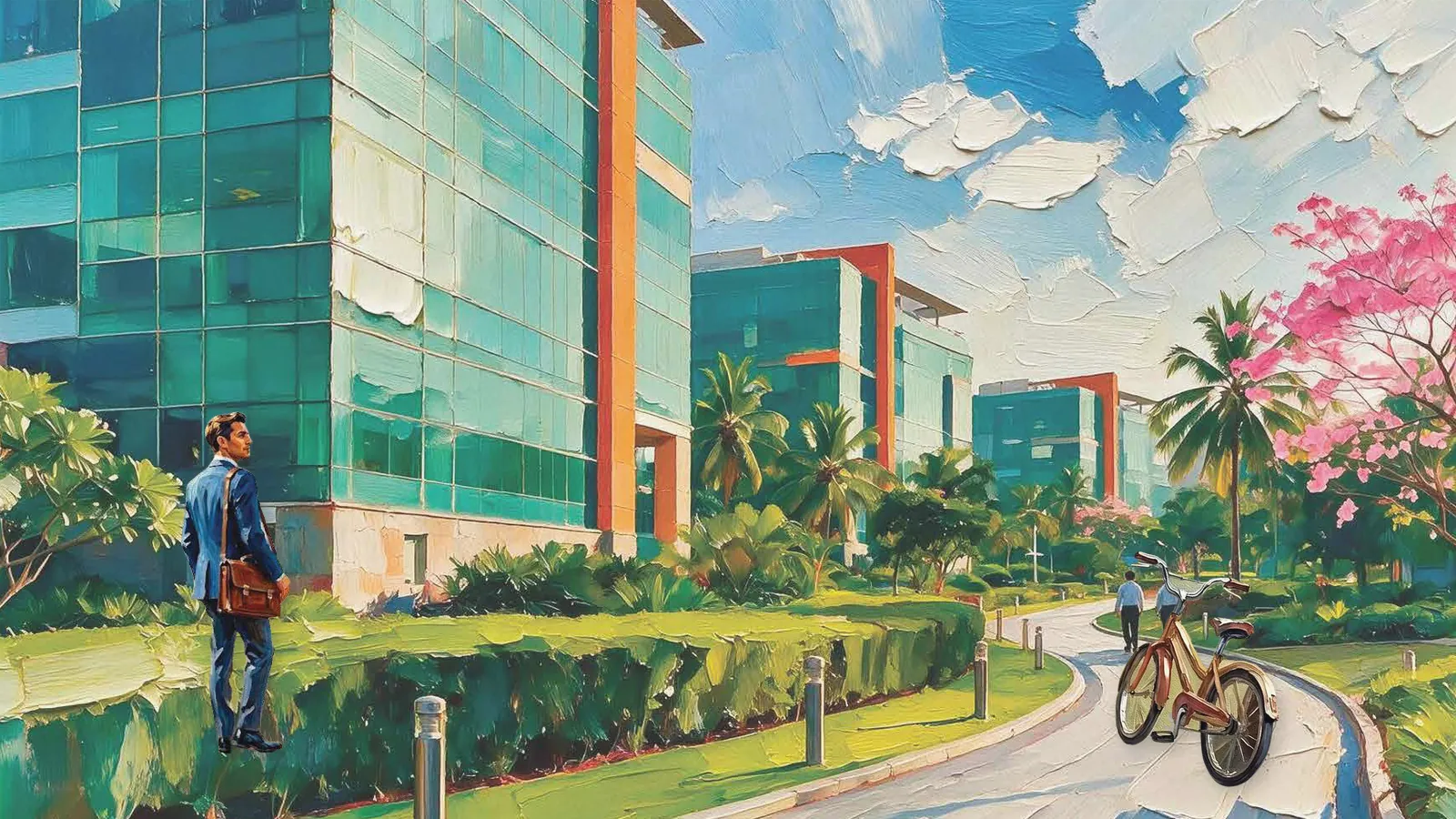 Artistic impression of a Bengaluru tech park campus with a professional commuting by road