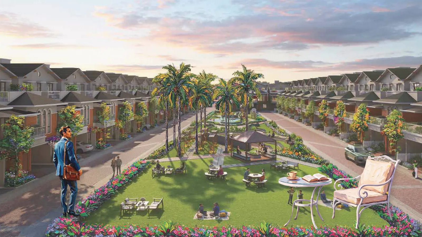 Artistic impression of villa rows at dusk with a professional and a chair, representing the evening return from Whitefield