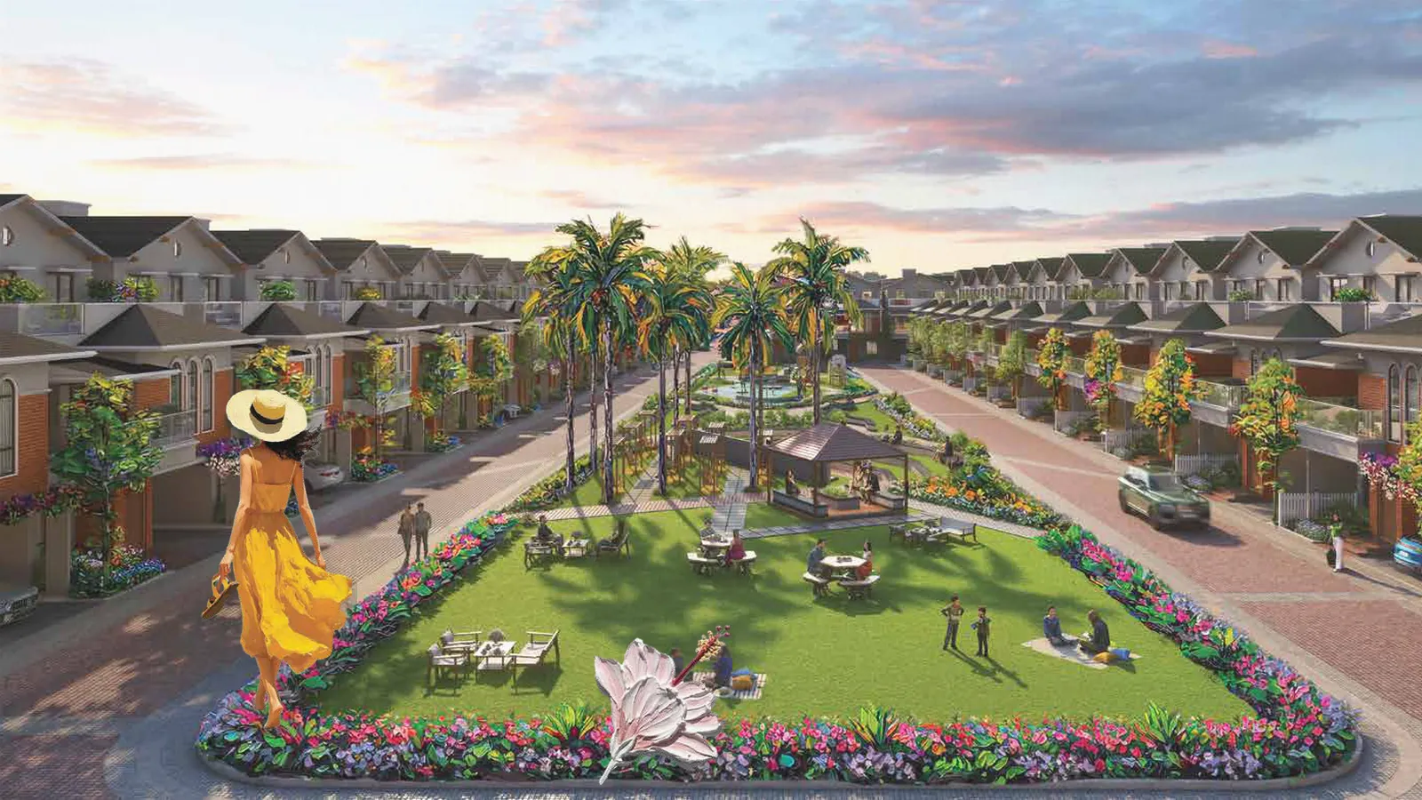 Artistic impression of villa rows at dusk in the NVT Whispering Hues community near Sarjapur Road