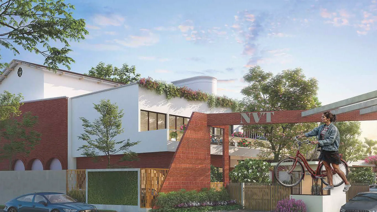 Woman with a bicycle near a villa community gateway, artistic impression of the arrival to a gated neighbourhood