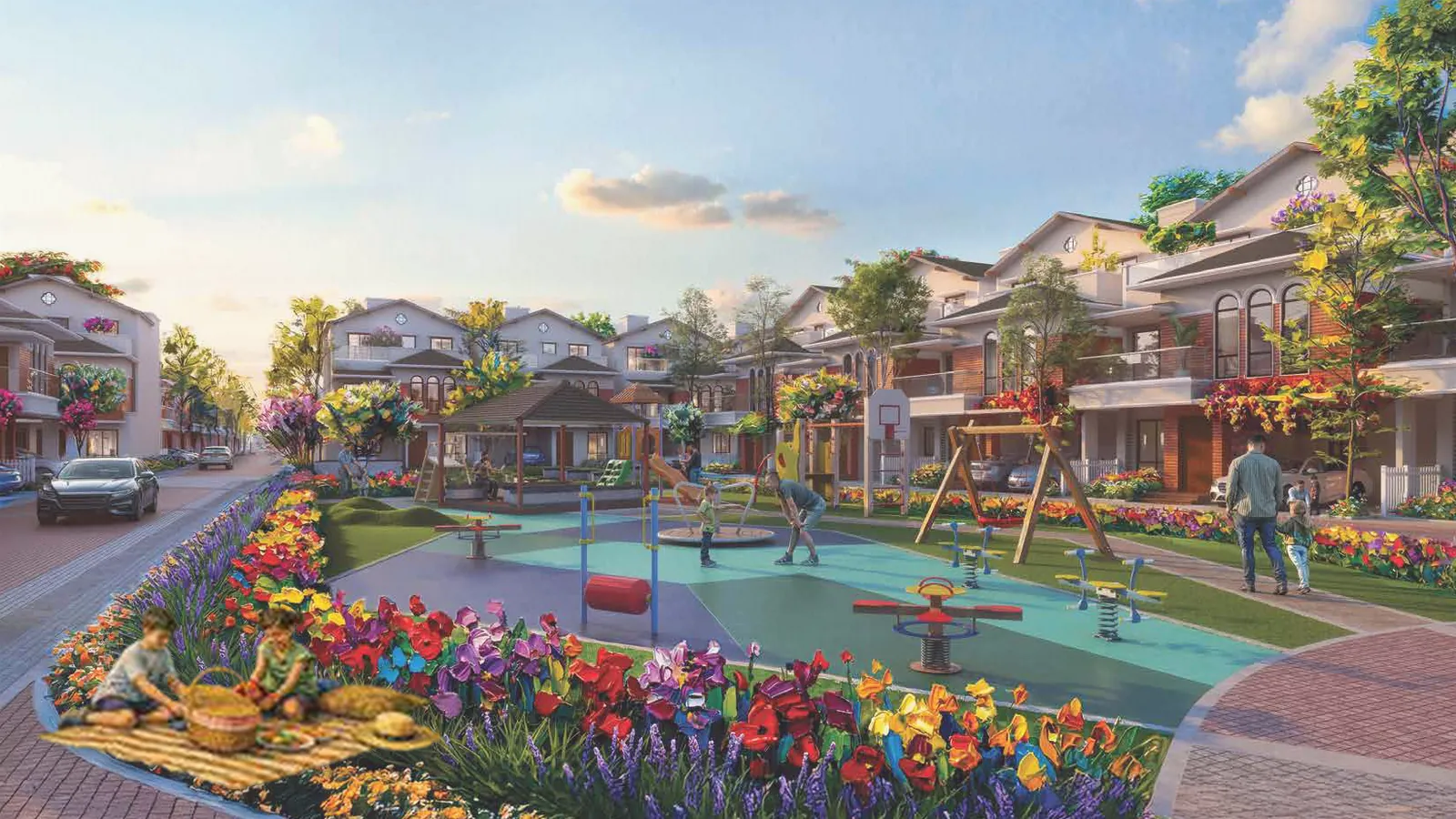 Artistic impression of the kids play area with flower beds at NVT Whispering Hues, a short drive from neighbourhood retail