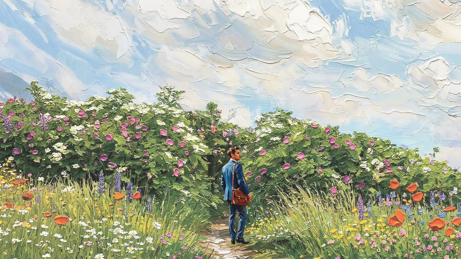 Artistic impression of a meadow path with a professional walking, representing a calmer commute from Gunjur