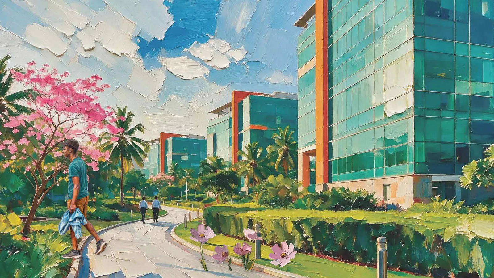 Artistic impression of a tech park campus with a pedestrian and cosmos flowers in the foreground