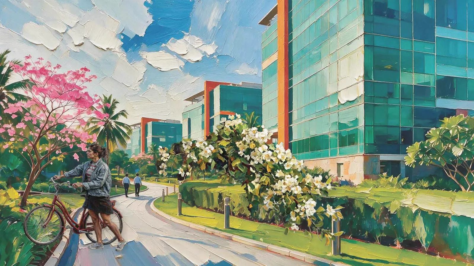Road map base with a professional figure, illustrating the commute from Gunjur to RMZ Ecoworld