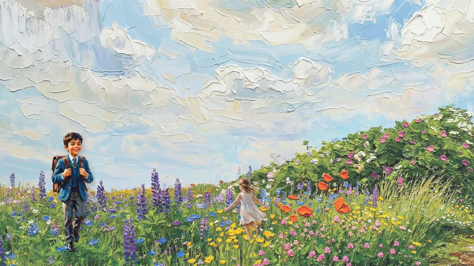 Schoolboy with a backpack and a girl in a white dress on a wildflower path, painted artistic impression for a school-friendly villa community