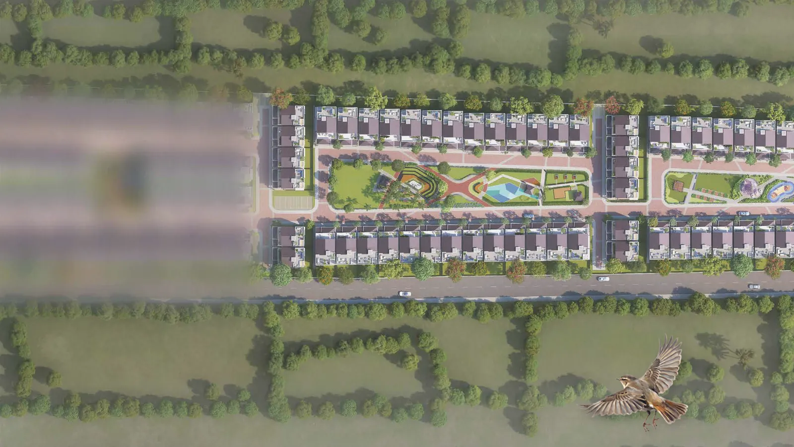 Blurred aerial view of the Whispering Hues site master plan with a woman and bicycle cutout, near Bellandur routes