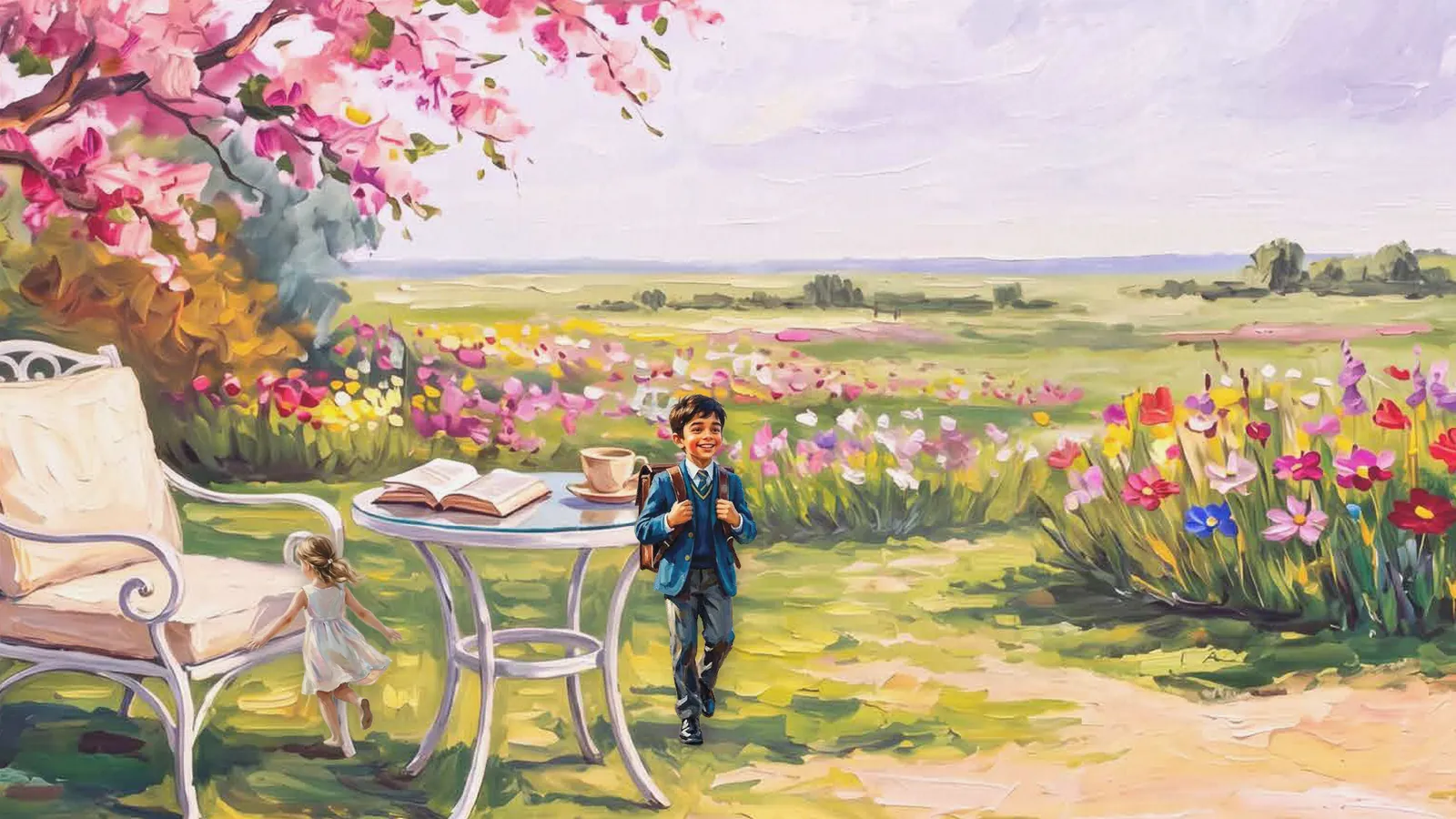Painted blossom tree and meadow with a girl running and a schoolboy, artistic impression of a campus-side neighbourhood
