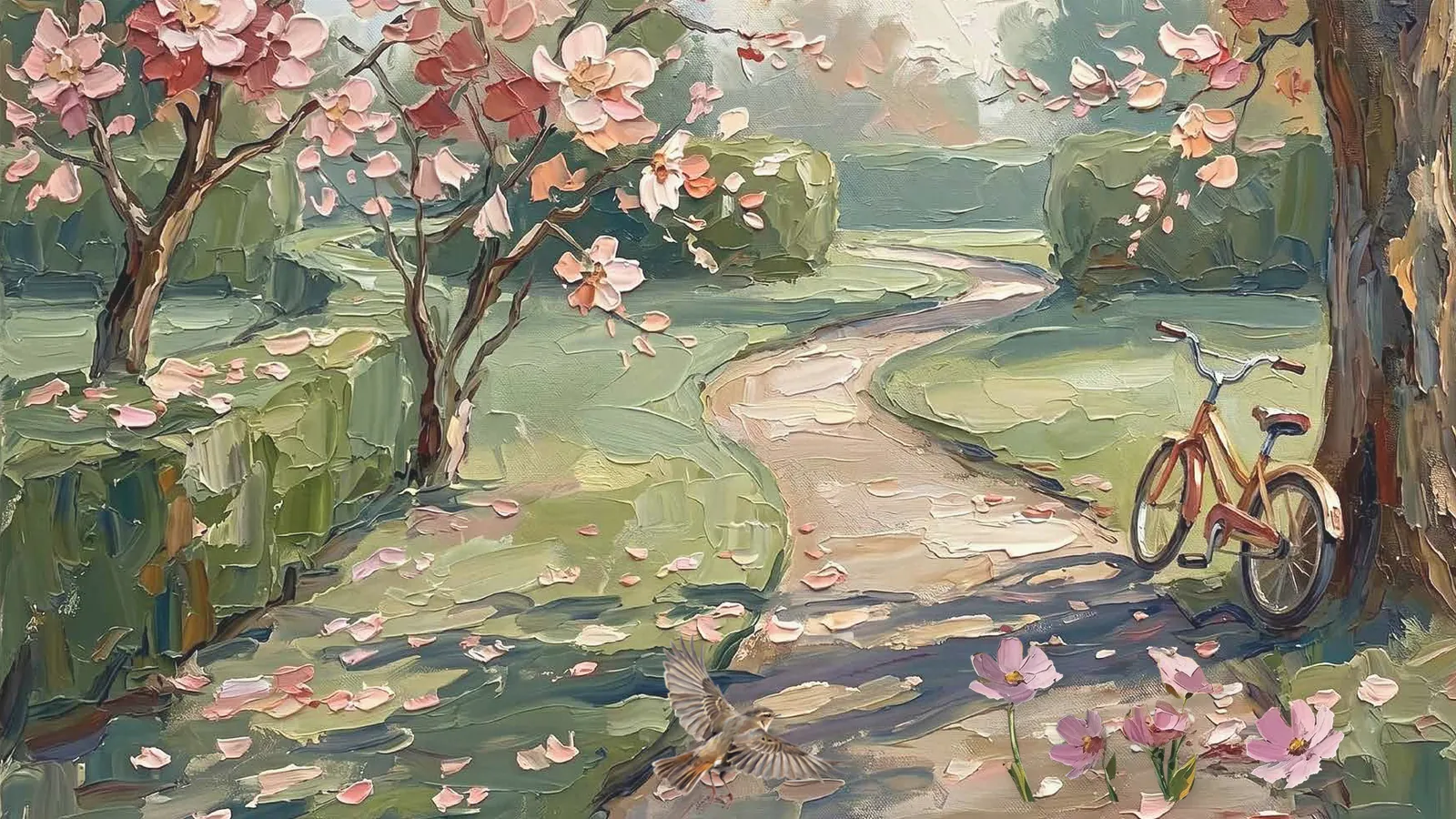Painted blossom tree and path with a bicycle and a bird in flight