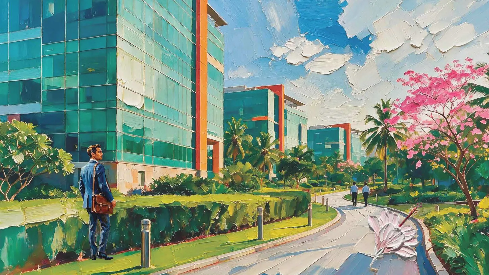 Painted tech park campus with a professional carrying a briefcase