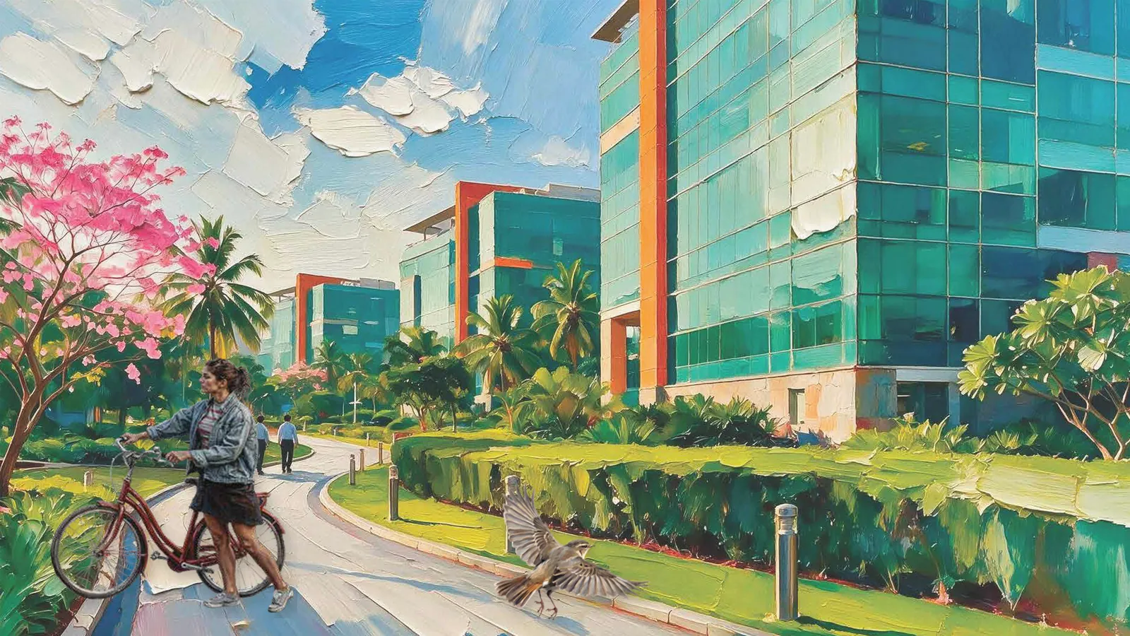 Artistic impression of a tech campus with a woman and bicycle in the foreground and a bird in flight