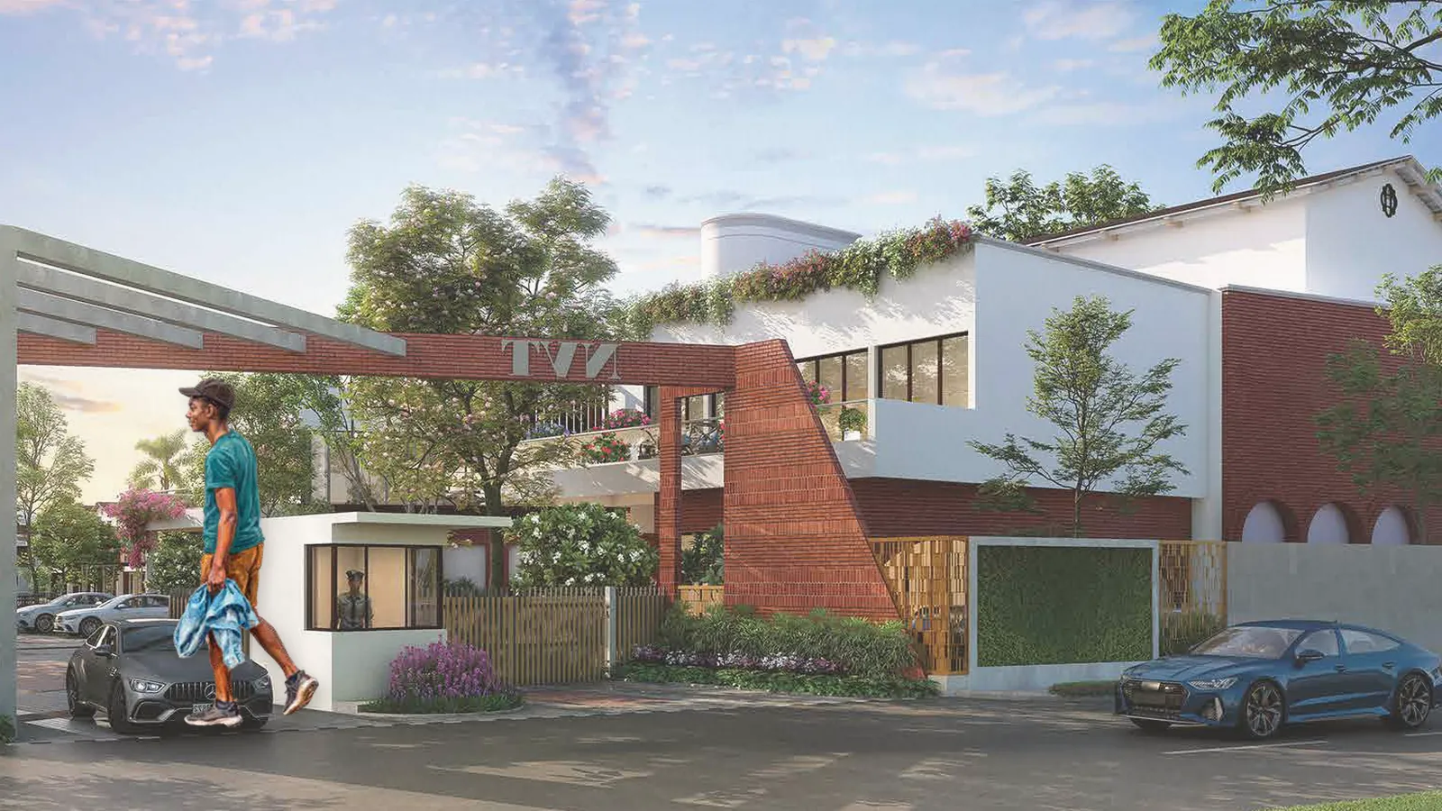Artistic impression of the arrival gateway at Whispering Hues with a resident walking in