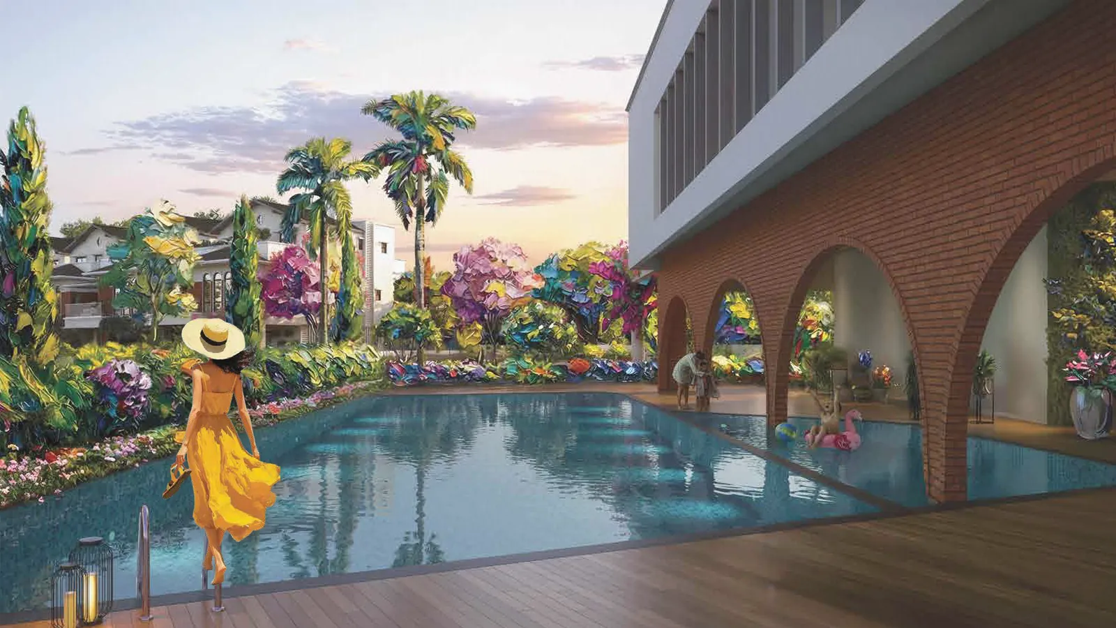Artistic impression of a villa community clubhouse swimming pool with a woman in a yellow dress and hat