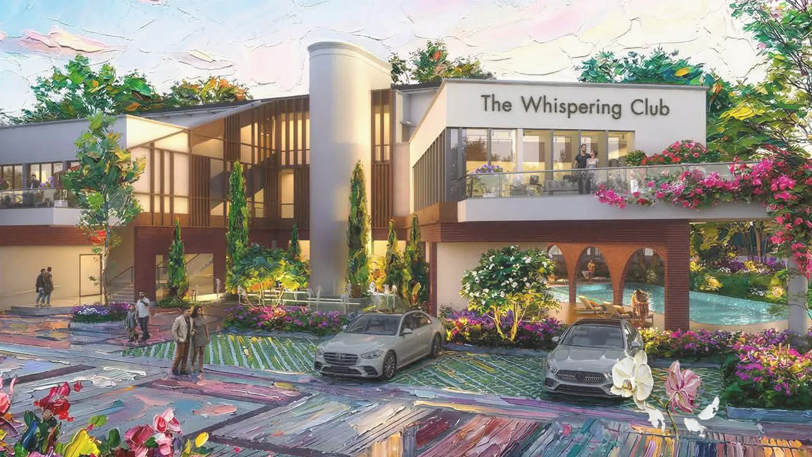Artistic impression of the Whispering Club clubhouse entrance at NVT Whispering Hues with an orchid cutout