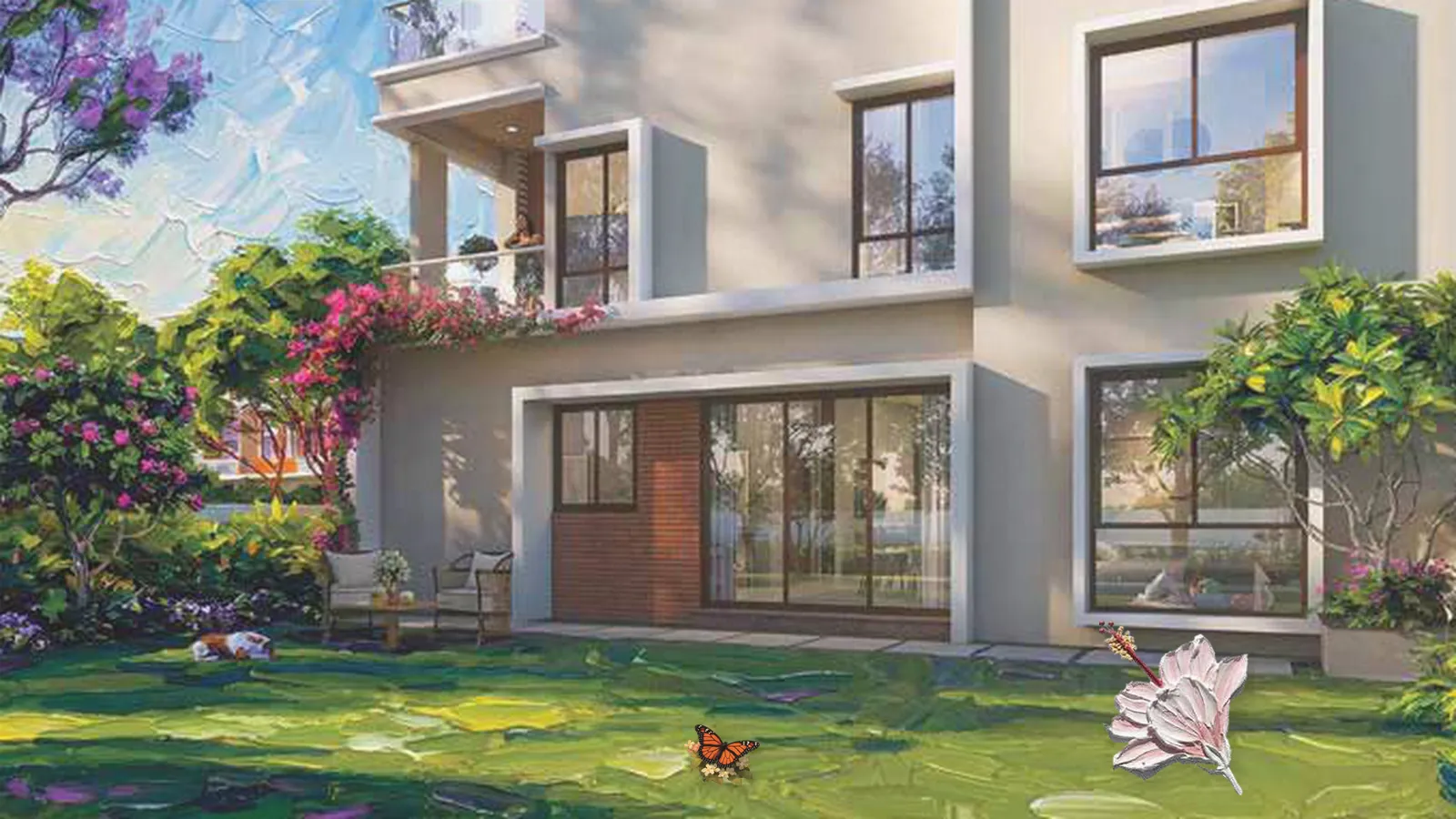 Artistic impression of a private villa backyard garden with lawn and flowering plants