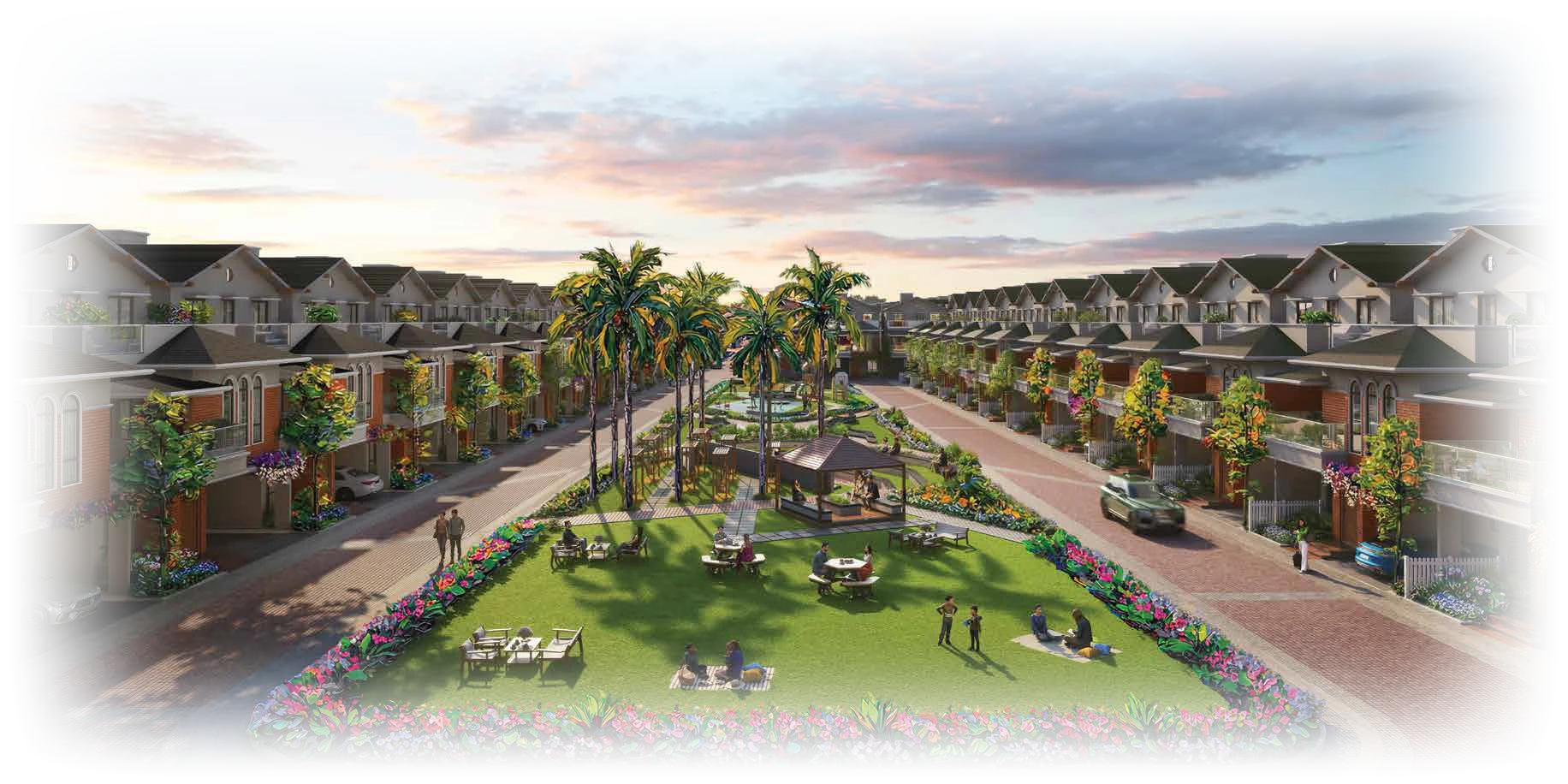 Proposed central park with villa rows at dusk