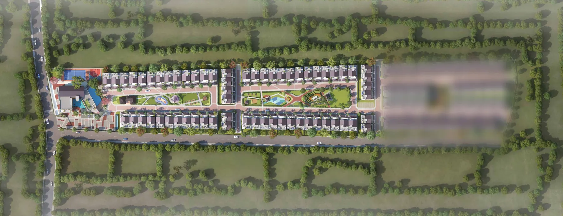 Proposed Whispering Hues master plan showing villa rows, clubhouse, leisure zones, wellness areas, parks, playscapes and future development
