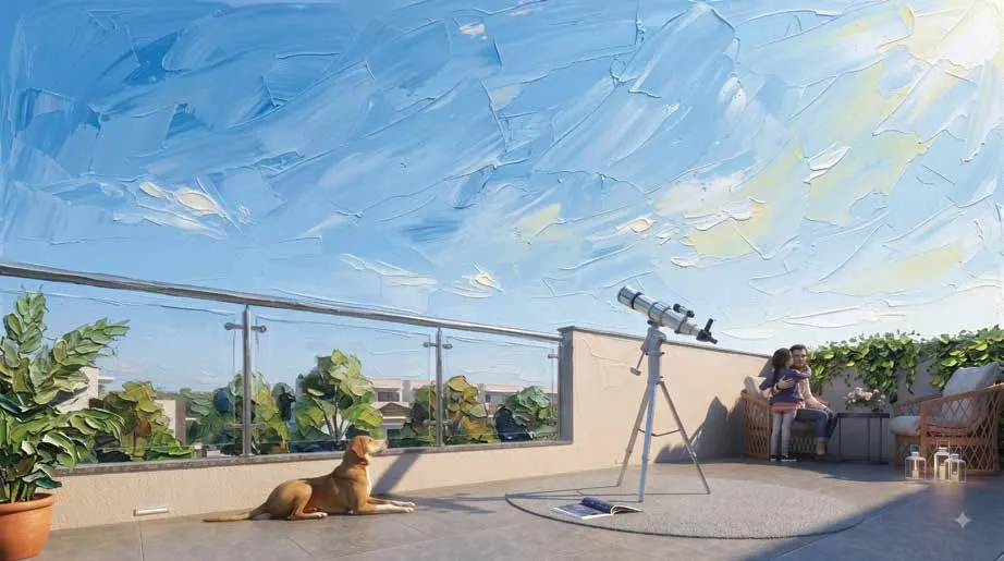 Private terrace under a painted sky